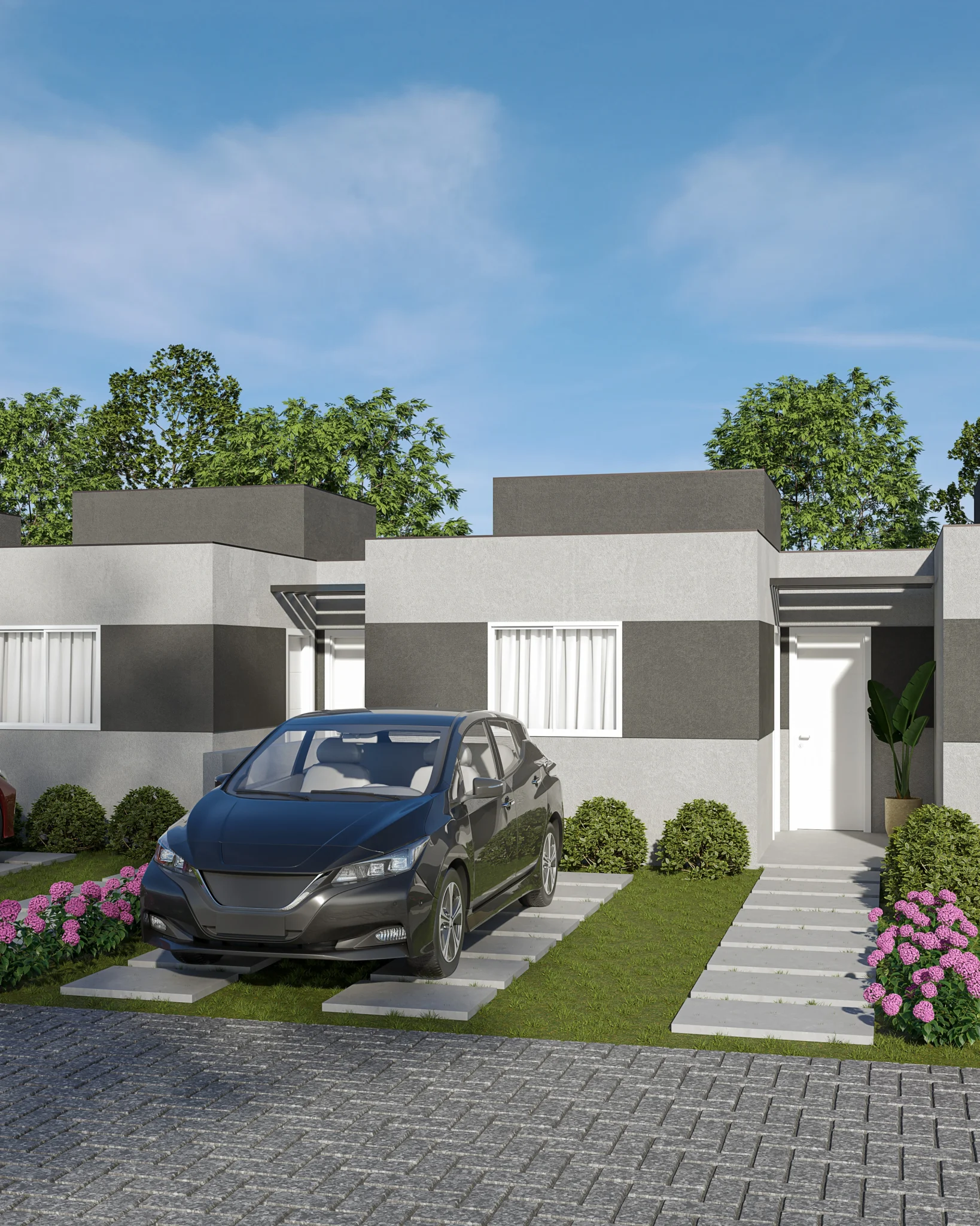 Fachada de casa térrea com linhas modernas em tons de cinza, jardim frontal florido e vaga com carro estacionado sobre piso drenante.