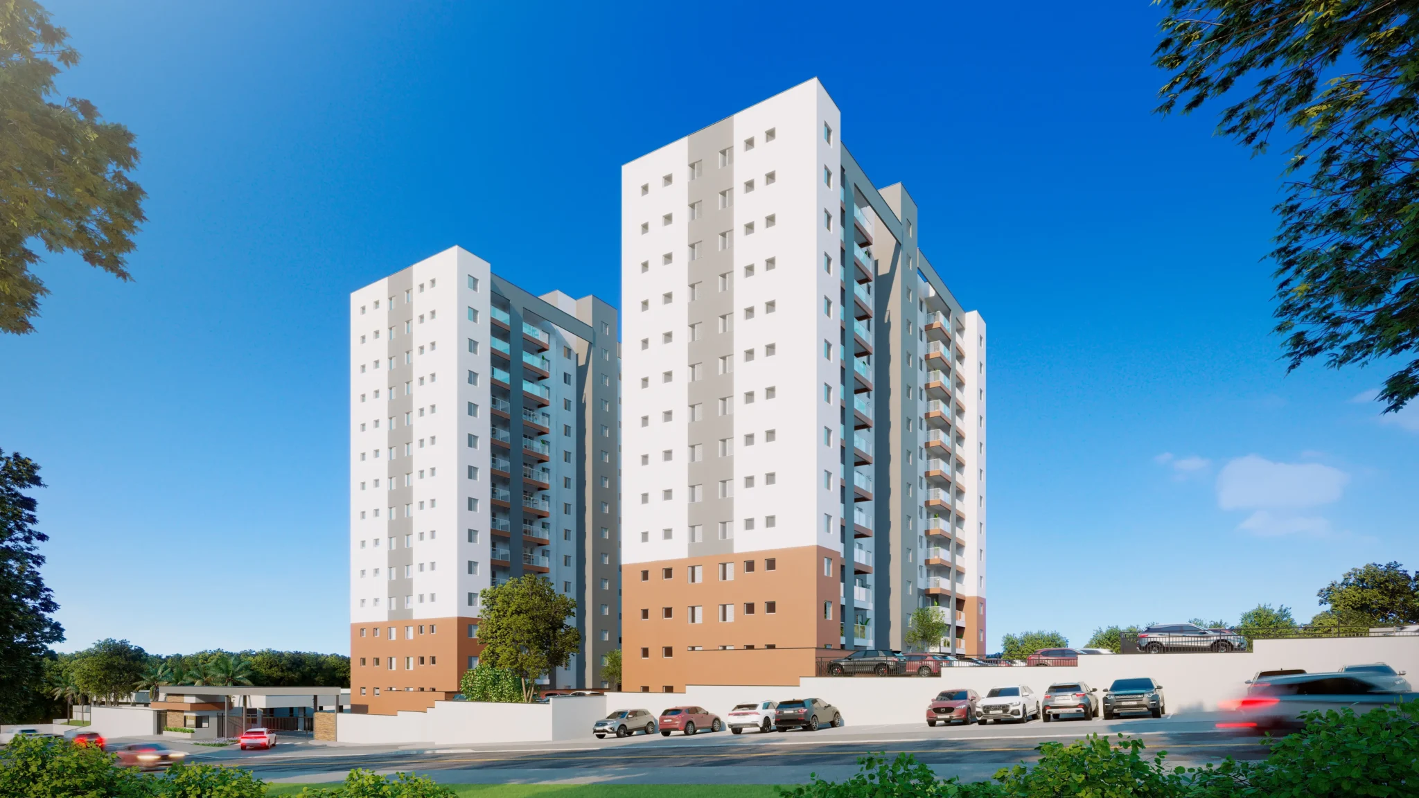 Fachada de condomínio com torres residenciais brancas e cinza vistas durante o dia, carros estacionados à frente e céu azul claro ao fundo, transmitindo sensação de modernidade e tranquilidade.