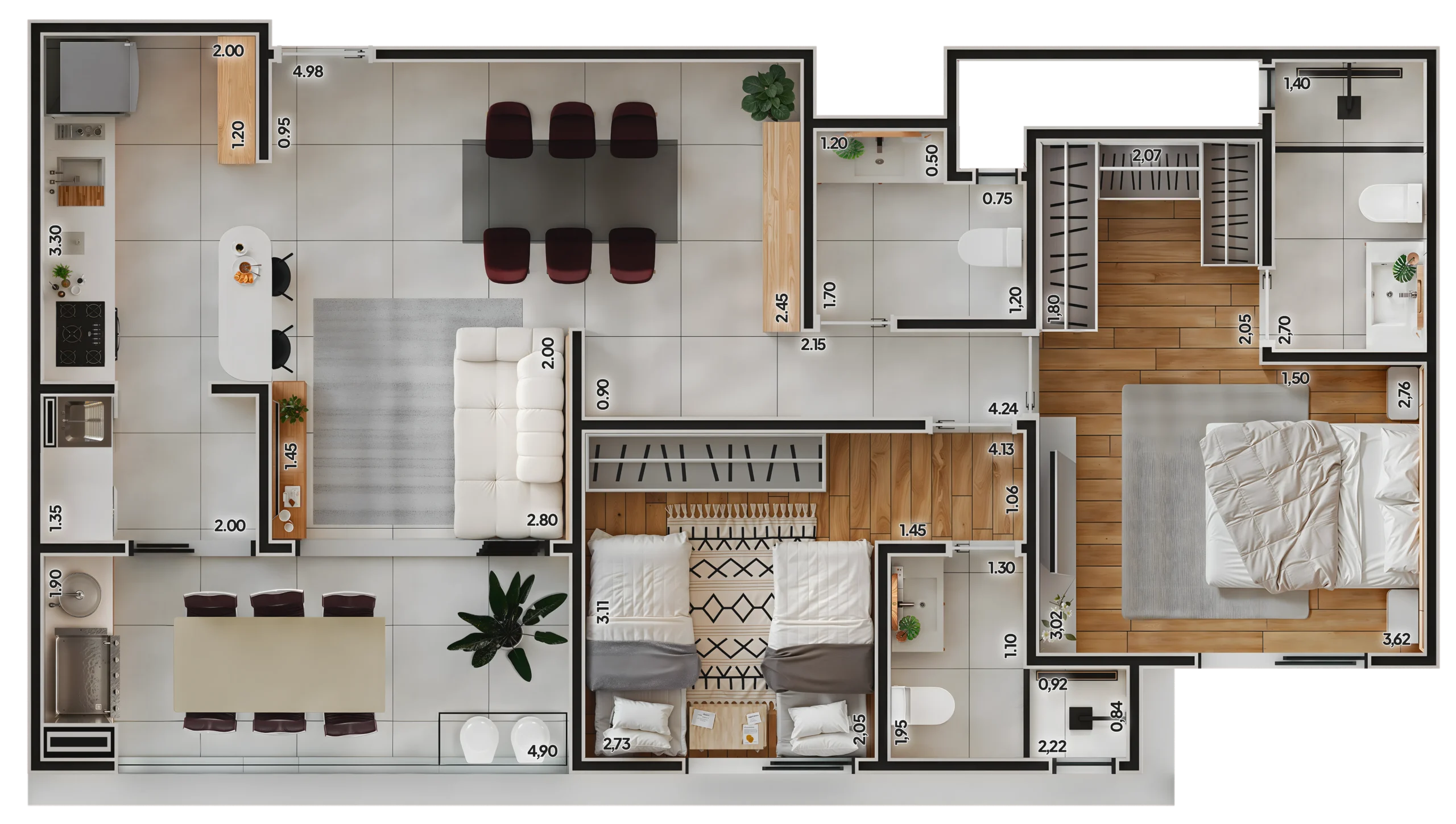 Planta baixa detalhada de apartamento com dois dormitórios (sendo uma suíte), sala de estar integrada à cozinha americana e varanda gourmet, indicando todas as medidas em metros.