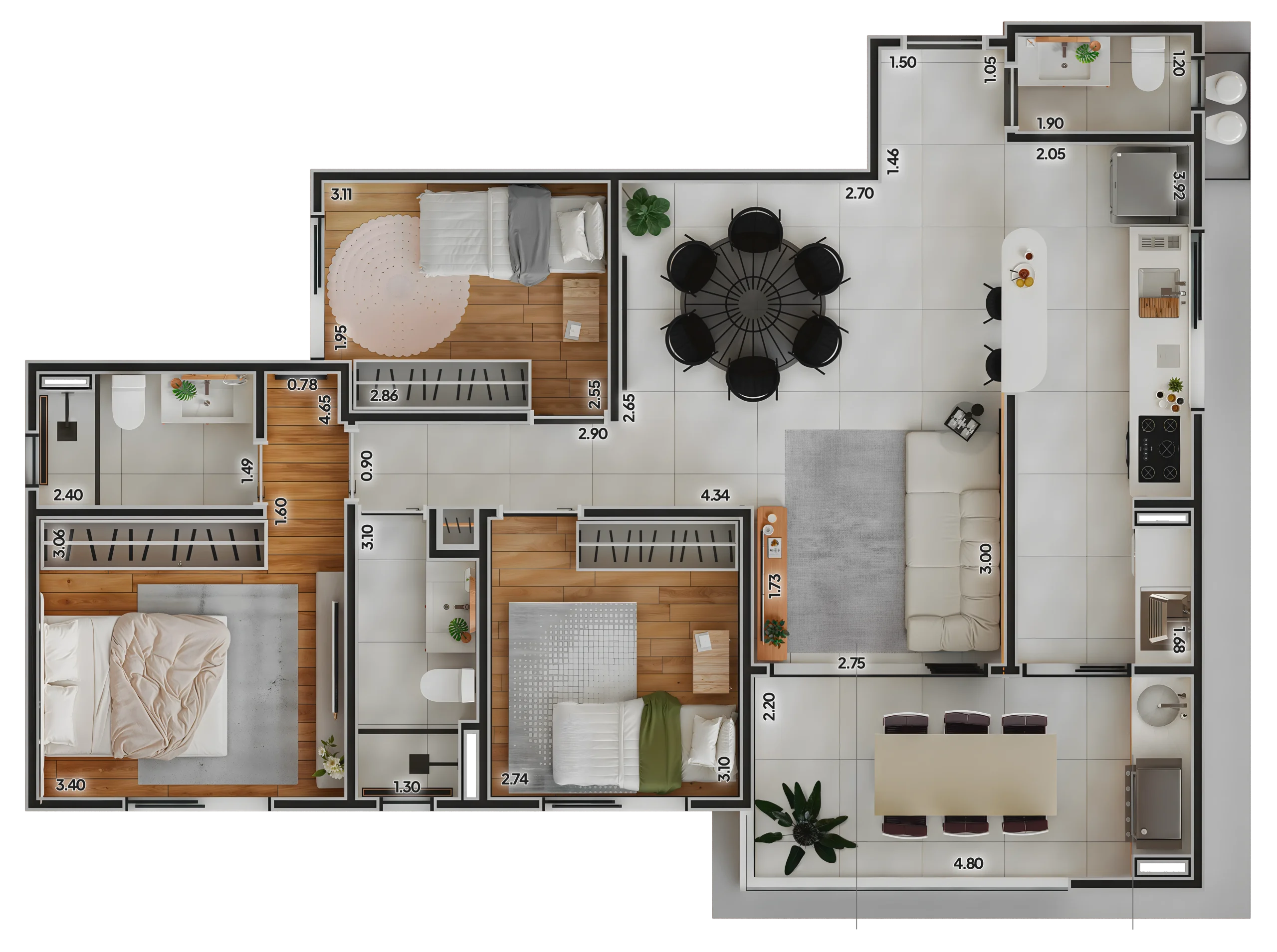 Planta baixa detalhada de apartamento com três dormitórios, suíte, sala de estar integrada à cozinha e varanda gourmet, incluindo medidas em metros nos ambientes.