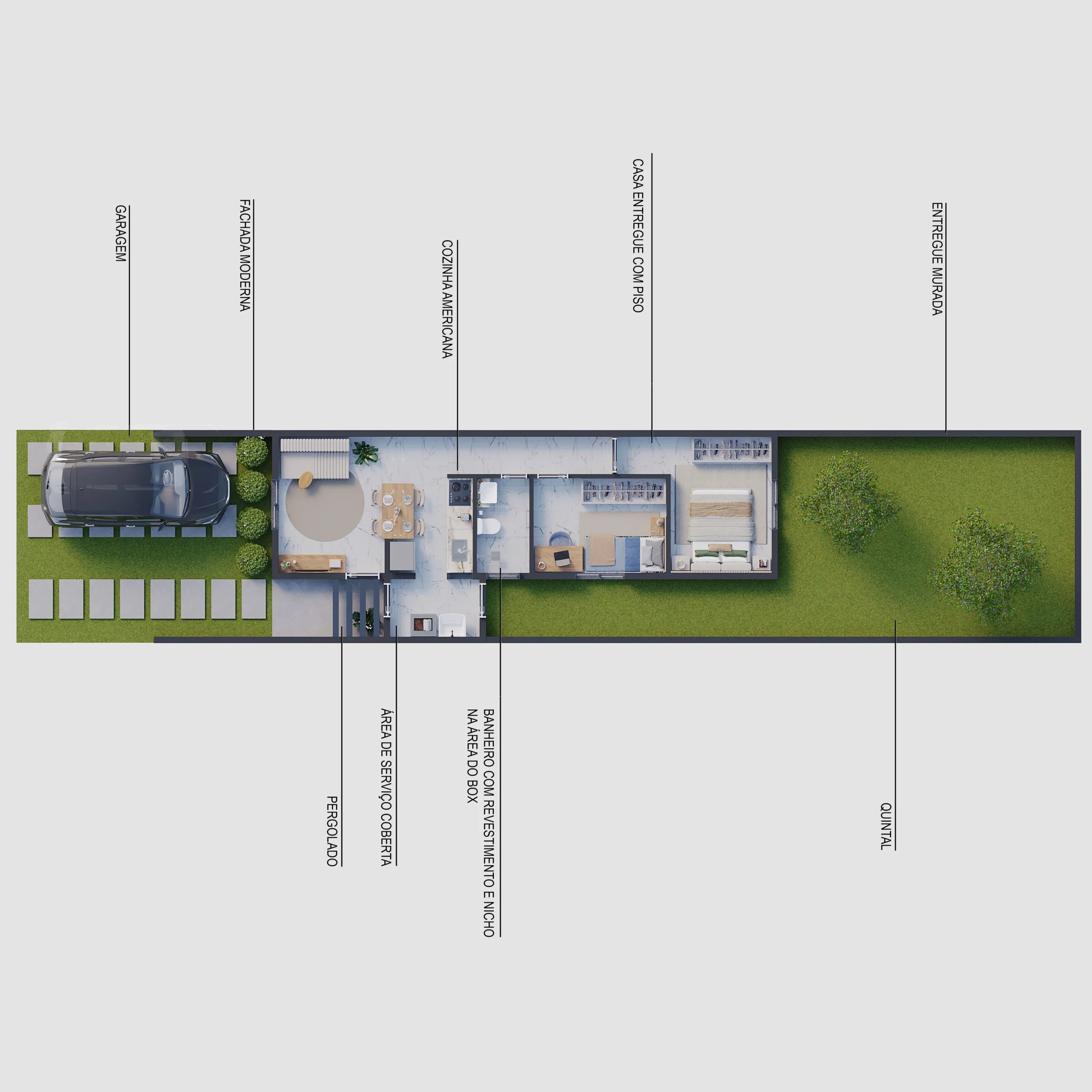 Planta baixa de casa térrea em formato estreito, com legenda indicando garagem, fachada moderna, cozinha americana integrada à sala, dois dormitórios, banheiro com nicho, área de serviço coberta, pérgola e amplo quintal gramado nos fundos.