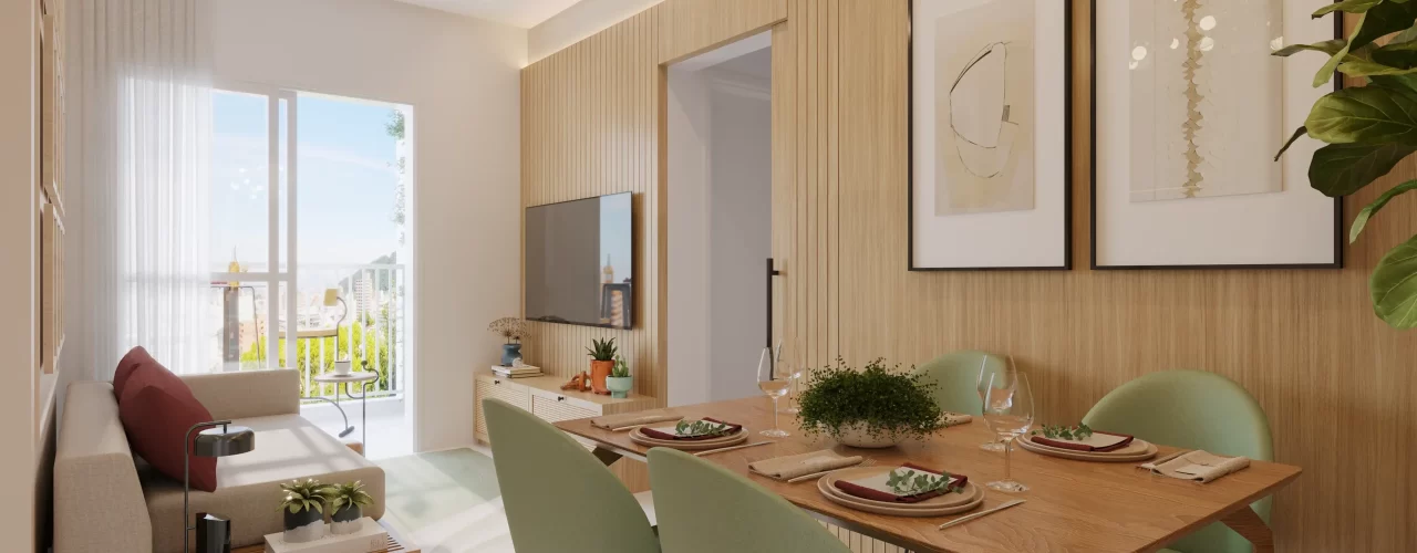 Sala de estar e jantar integradas em apartamento, com mesa de madeira, cadeiras verdes, painel de madeira com TV e luminária de vidro pendente, recebendo luz natural da varanda ao fundo.