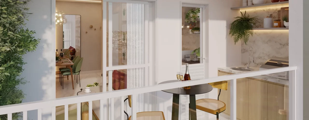 Varanda gourmet de apartamento com mesa bistrô preta e duas cadeiras, bancada em mármore com churrasqueira embutida e prateleiras iluminadas, cercada por guarda‑corpo de vidro e jardim vertical ao lado.